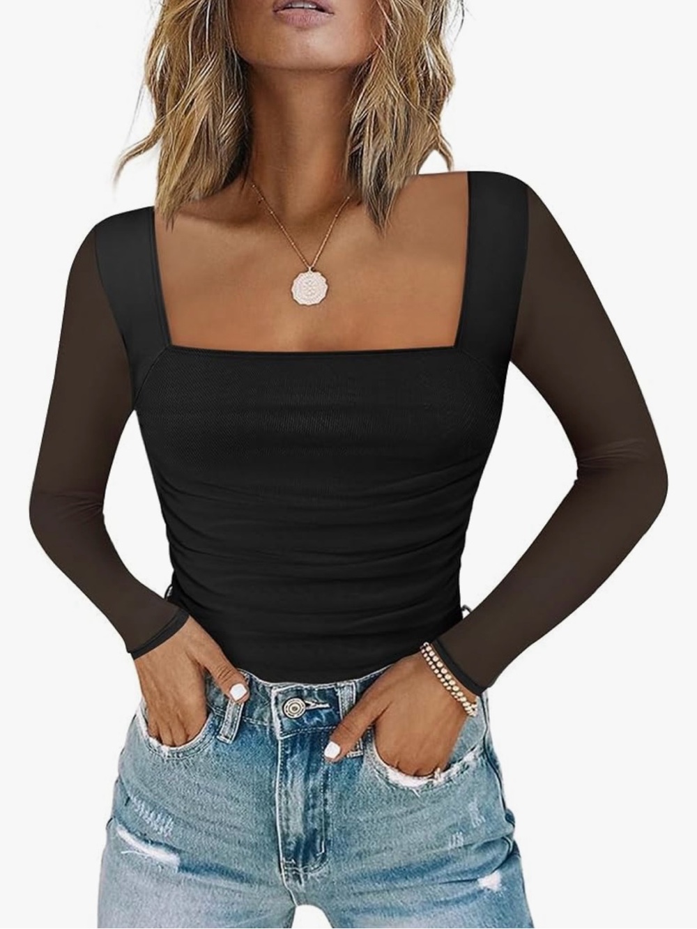 Women’s Square Neck Mesh Thong Bodysuit